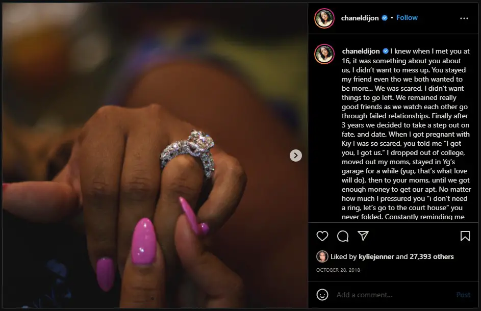 Chanel thierry's post about her engagement to DJ Mustard in 2018.