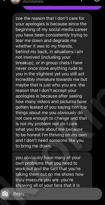 Charli D'Amelio and Zoe LaVerne's leaked texts where D'Amelio told LaVerne off.