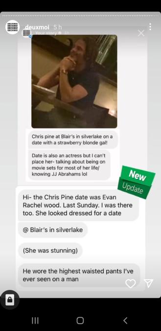 Screenshot from Deux Moi discussing Chris Pine and Evan Rachel Wood's outing that sparked datimg rumors.