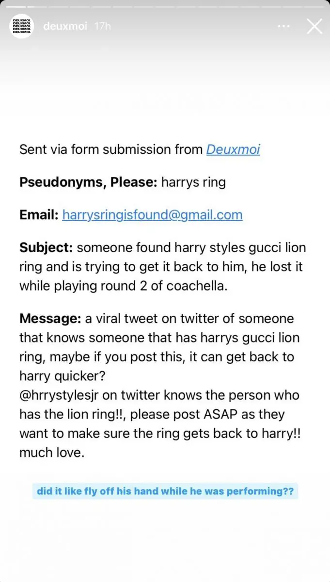 Deux Moi story about Harry Styles' lost ring at Coachella, which allegedly was found by a fan
