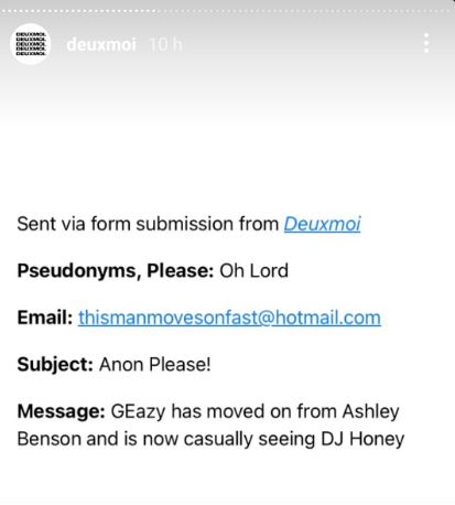 Deuxmoi post about G-Eazy dating his new girlfriend after his break up with Ashley Benson
