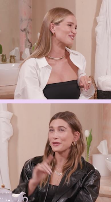 Hailey Bieber with Rosie Huntington-Whiteley talking about motherhood and getting pregnant on her YouTube show 