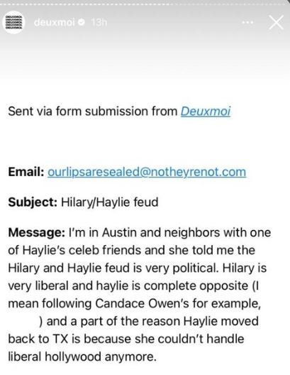 Deux Moi's post ont the Hilary Duff and Haylie Duff's alleged feud