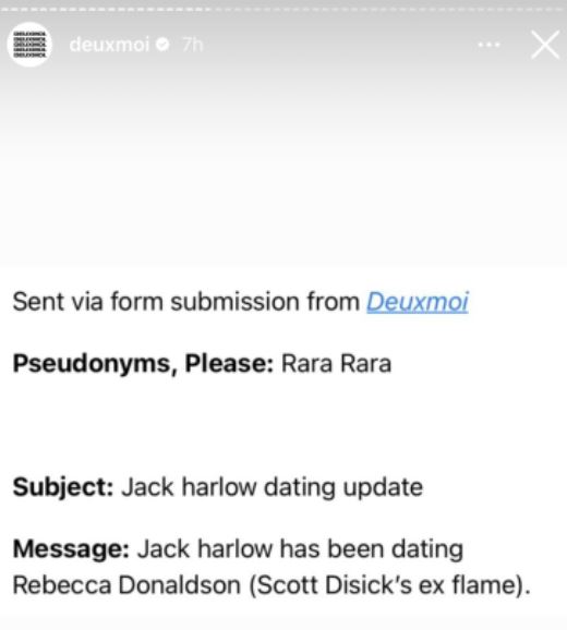 Deuxmoi reports that Jack Harlow and Rebecca Donaldson are dating