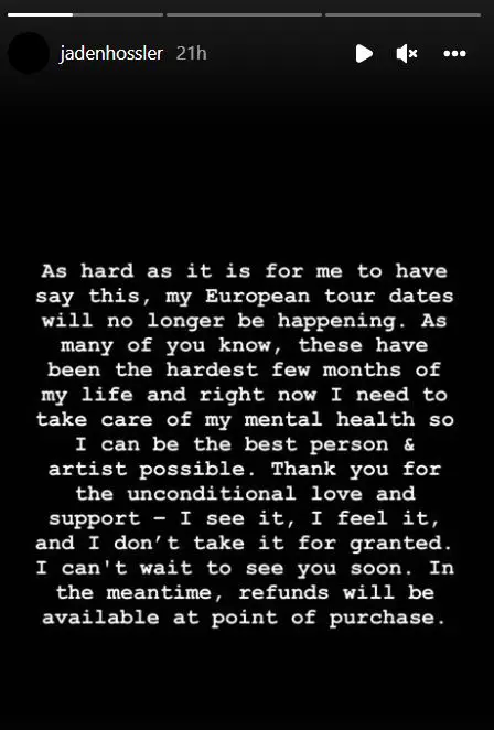 Jaden Hossler announcing on his Instagram story that he is canceling his tour