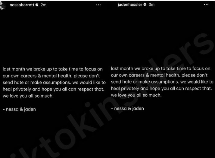 Jaden Hossler and Nessa Barrett confirm their break up and explain why