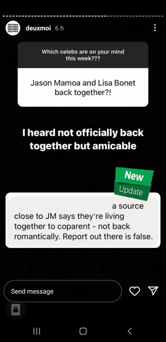 Deux Moi dispels rumors about Jason Momoa reconciling his relationship with ex wife Lisa Bonet.