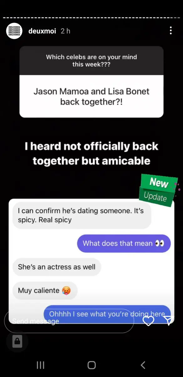 Deux Moi received a tip on Jason Momoa having an actress girlfriend after split with Lisa Bonet.