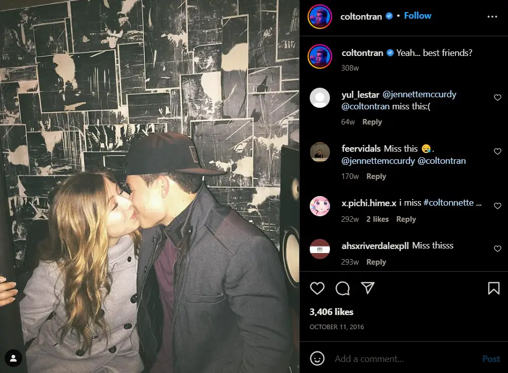 Jennette McCurdy kissing her best friend and rumored boyfriend, Colton Tran, in October 2016.