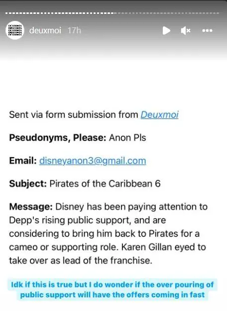 Deuxmoi' post about Disney wanting to bring back Johnny Depp for Pirates of the Caribbean 6