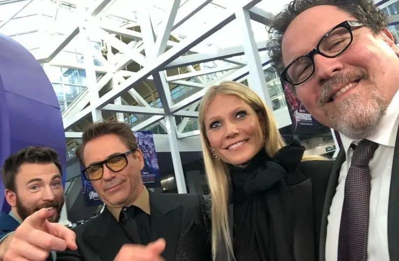 Jon Favreau with cast of Avengers Endgame