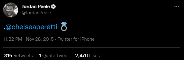 Jordan Peele's tweet where he announced his engagement with Chelsea Peretti.