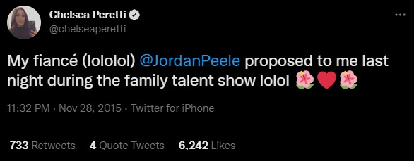 Chelsea Peretti's tweet where she announced engagement with Jordan Peele.