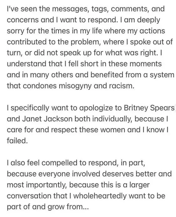 Justin Timberlake's apology to Britney Spears and Janet Jackson