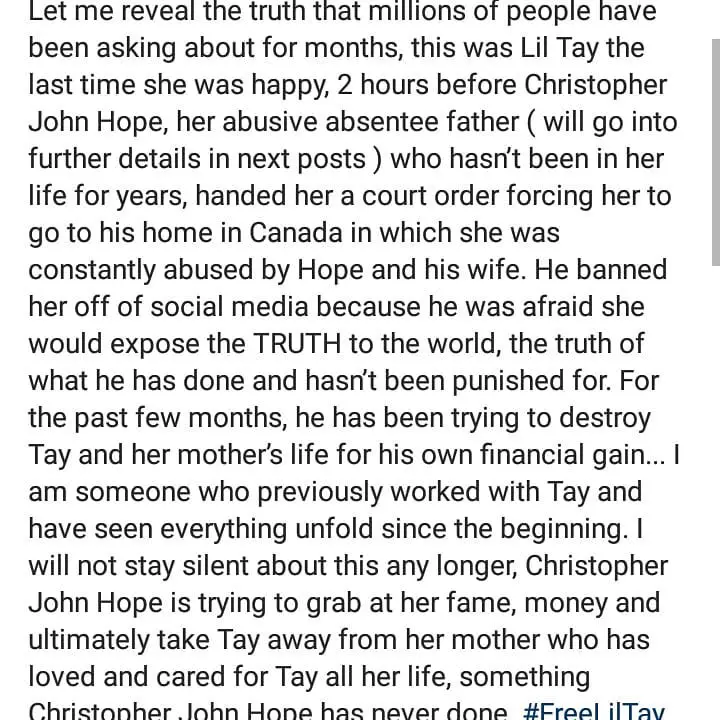 Lil Tay's deleted Instagram post accused her father, Chris Hope as an absentee father.