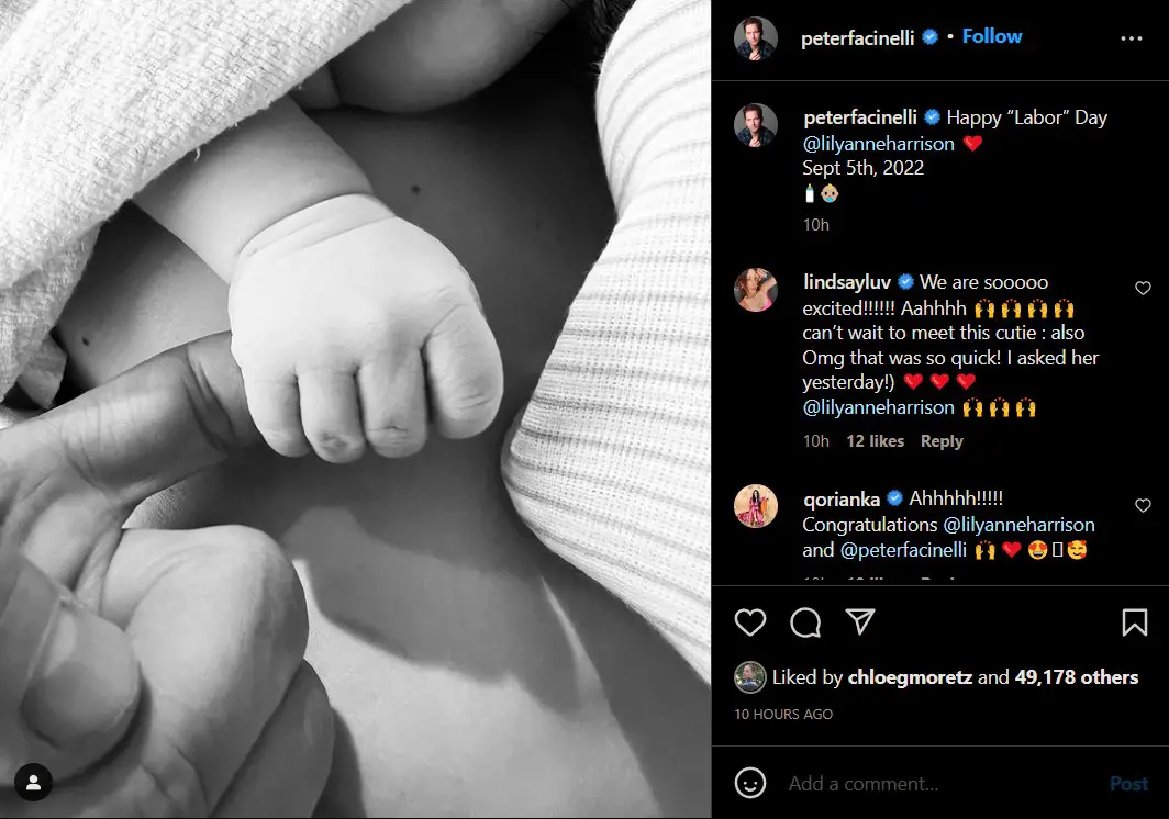 Lily Anne Harrison and fiance Peter Facinelli announce first baby's birth before their wedding.