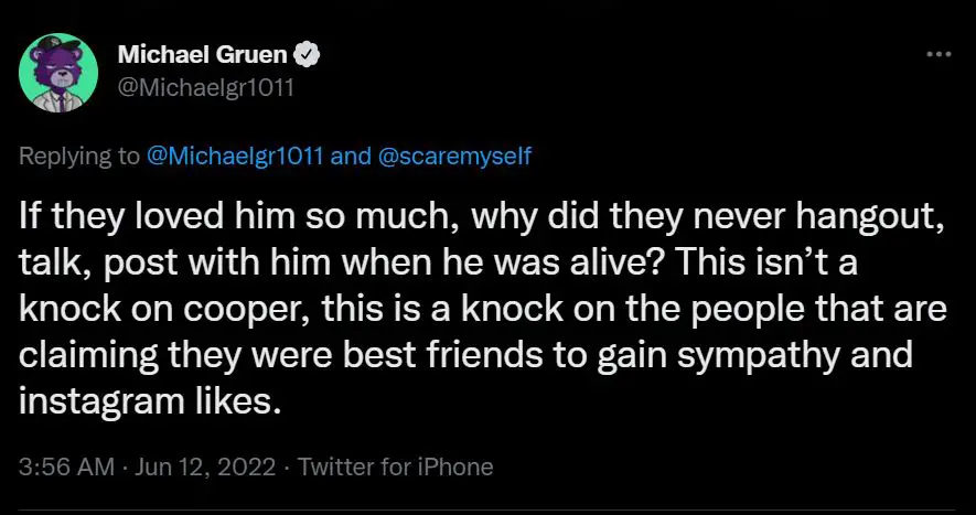 Michael Gruen goes on Twitter rant regarding Cooper Noriega's death 