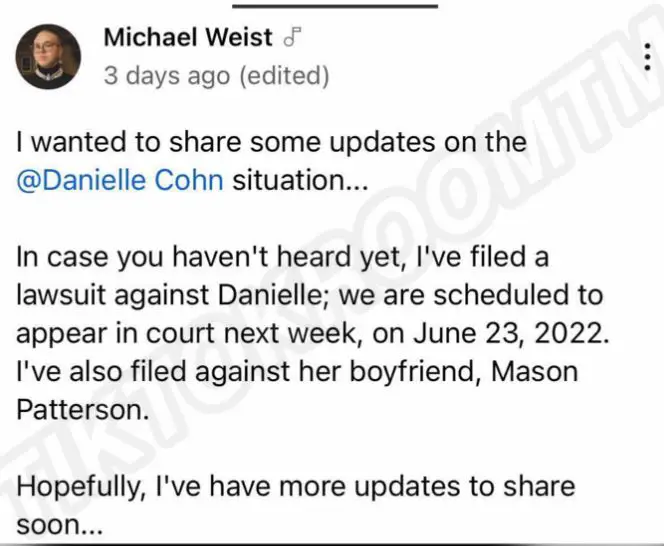 Michael Weist files a lawsuit against Danielle Cohn and her boyfriend
