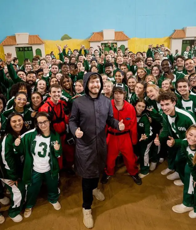 MrBeast with 456 contestants from the set of his Squid Game video