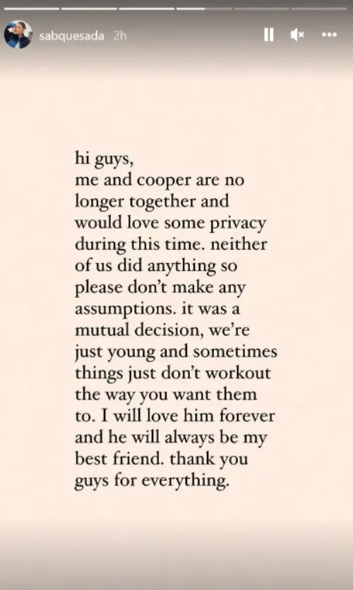 Sabrina Quesada announced her break up with boyfriend Cooper Noriega on April 21, 2022.