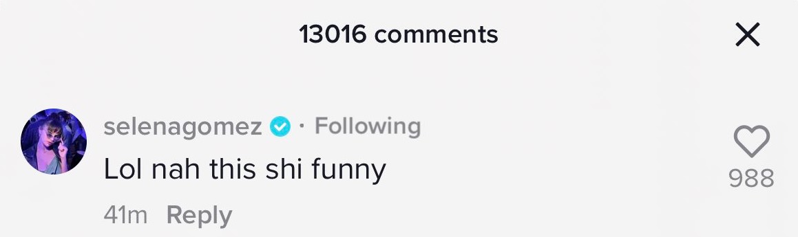 Selena Gomez's now-deleted comment on Jack Harlow's TikTok video.