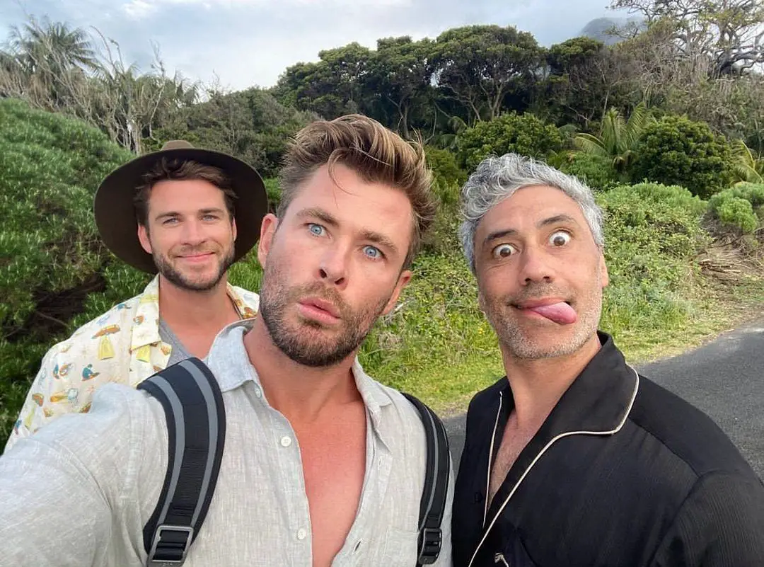 Taika Waititi on a hike with Chris Hemsworth and Liam Hemsworth