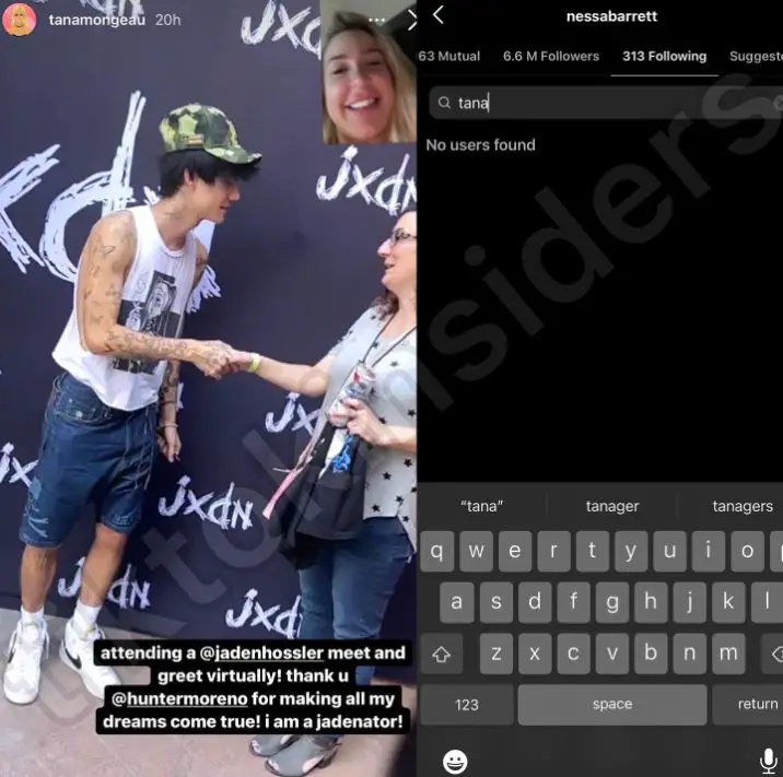 Tana Mongeau attending Jaden Hossler's meet and greet virtually and Nessa Barrett unfollowing her