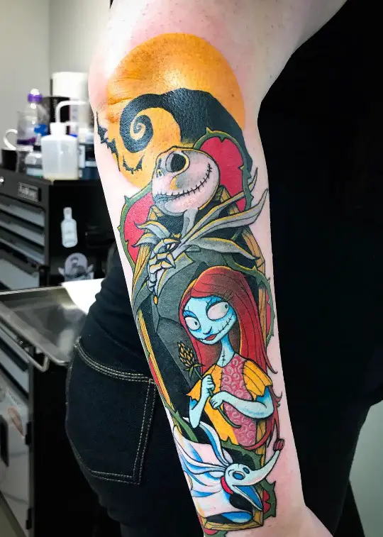 Sleeve Tattoo of the characters from Tim Burton's Corpse Bride.
