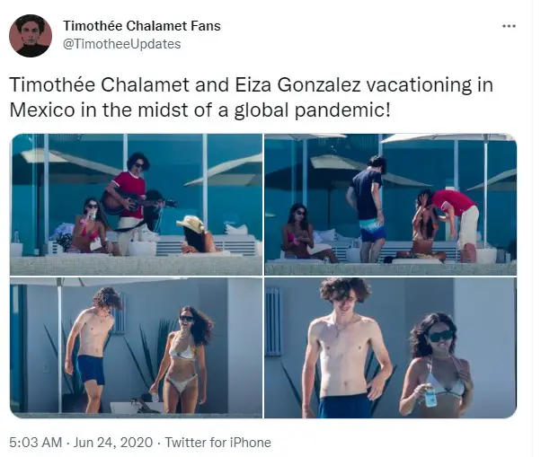 A fan posted pictures of Timothee Chalamet and Eiza Gonzalez from their vacation.