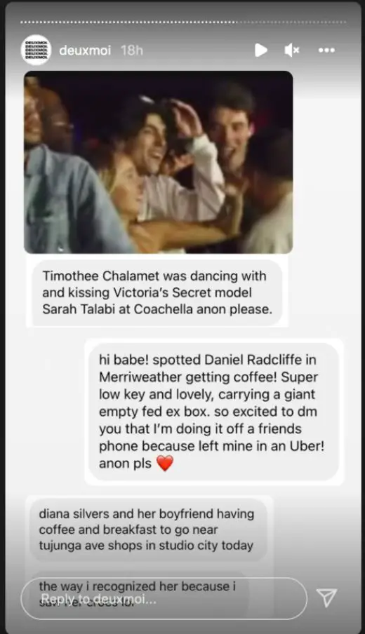 Sarah Talabi and Timothee Chalamet sparked dating rumors after Deuxmoi received a tip saying the two were spotted togetherÂ at Coachella