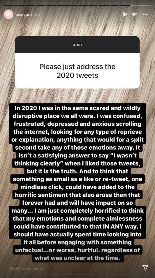 Tinx admits to being in the wrong and unknown when asked about her controversial tweets in 2020.