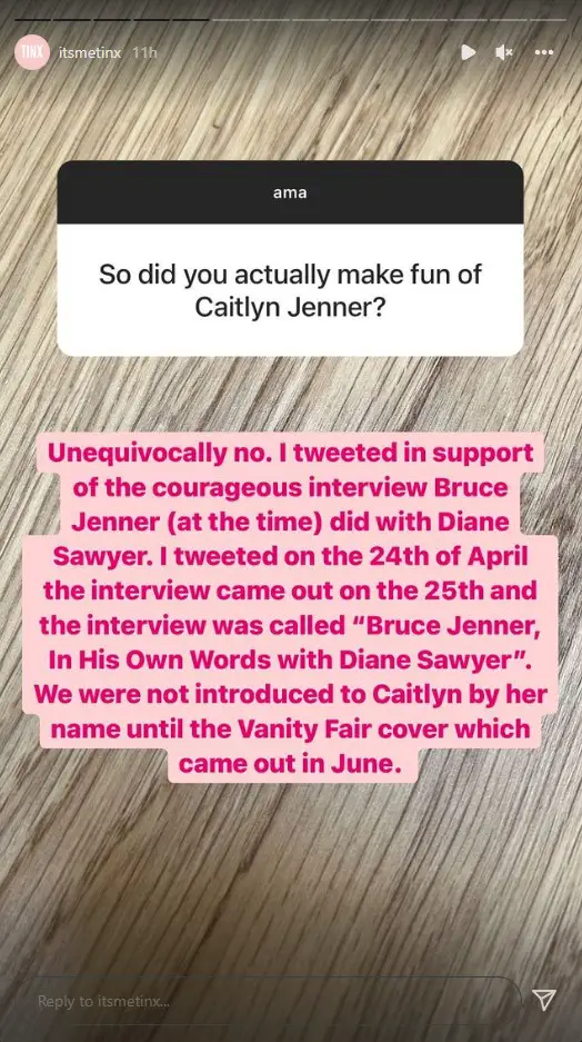 Tinx clarifies she never made fun of Caitlyn Jenner and only tweeted in her support.