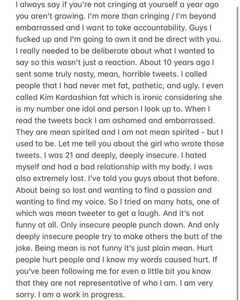 Tinx's apology for her old tweets where she displayed fat-shaming and body-shaming and pro-Trump sentiments.