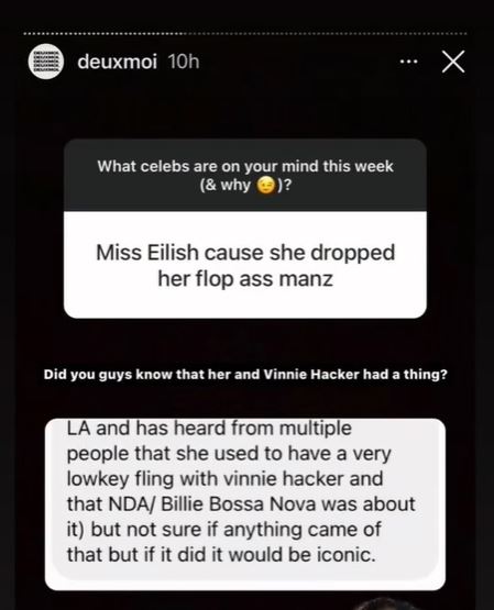 Deuxmoi's post on Vinnie Hacker and Billie Eilish dating rumors 