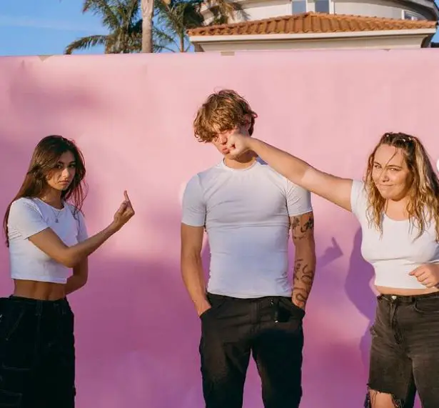 Vinnie Hacker with his Hype House members Mia Hayward and Kouvr Annon