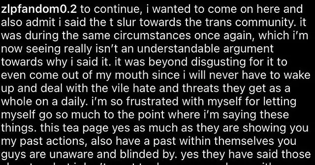 Zoe LaVerne's now-deleted apology post for using the transphobic t-slur.