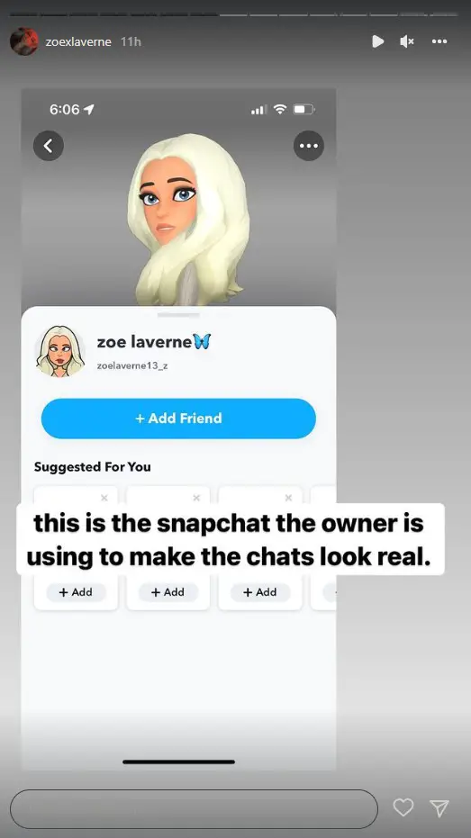 Zoe LaVerne shows the fake Snapchat ID someone used to fabricate text messages.