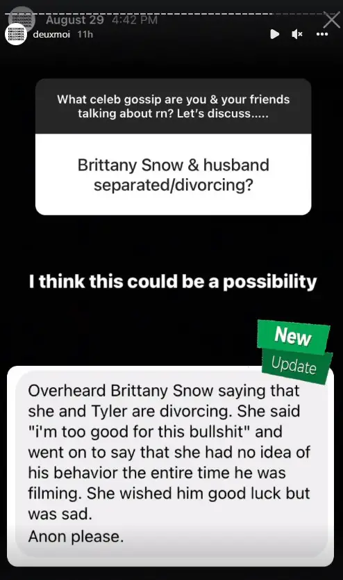 Brittany Snow and husband Tyler Stanaland's divorce rumors on DeuxMoi.