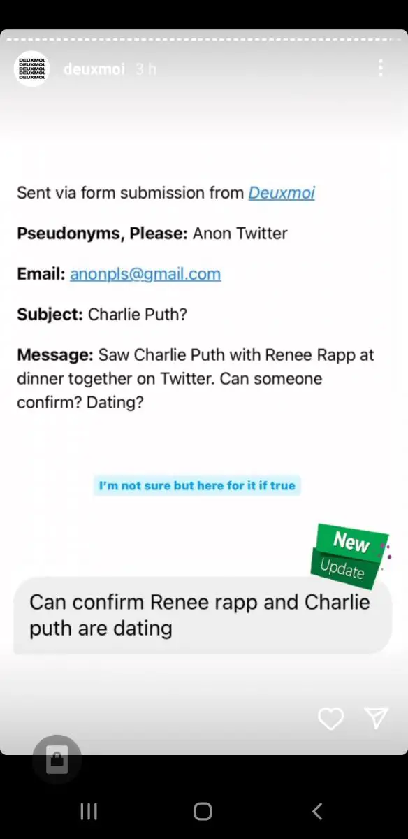 Deux Moi first confirmed Renee Rapp and Charlie Puth's relationship.