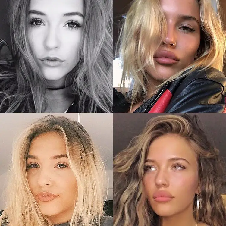 Collage of Lennon Stella, comparing her newer and older pictures. 