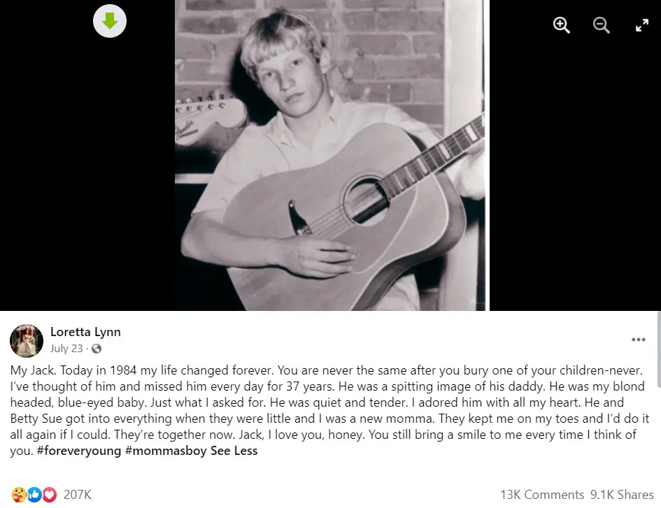 Loretta Lynn shares a post remembering her late son, Jack.