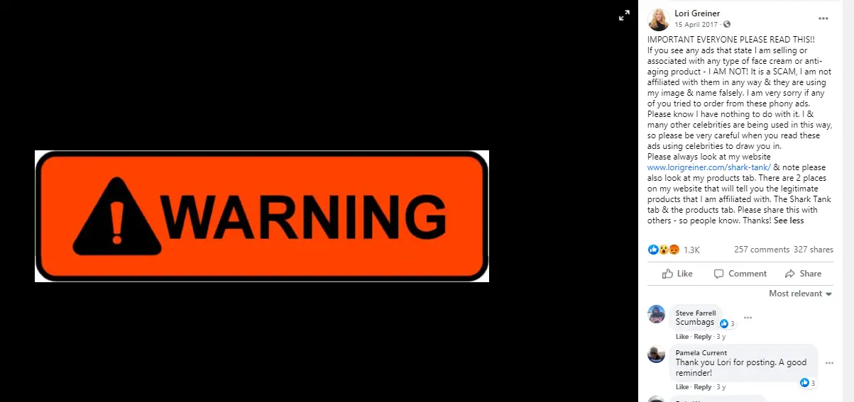 Lori Greinerâ€™s post on Facebook warning her followers of fake anti-aging cream ads.