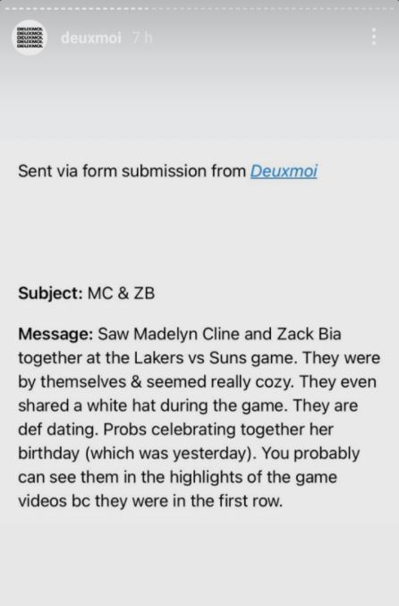 An anonymous submission on Deuxmoi about Madelyn Cline and Zack Bia's relationship.