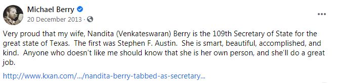 Michael Berry showcased pride when wife Nandita Berry became Texas' 109th Secretary of Stae