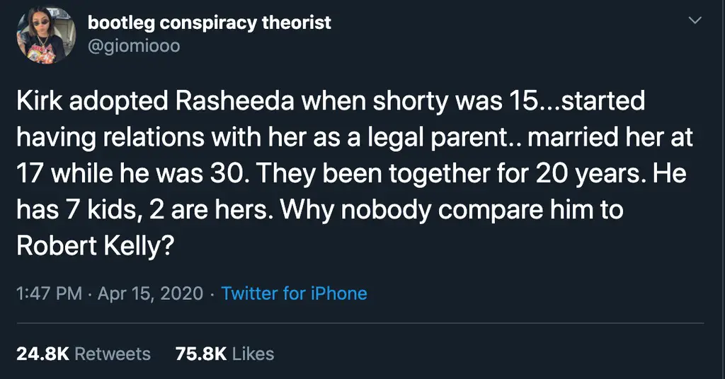 A Twitter user alleging Kirk Frost married Rasheeda when she was a minor.