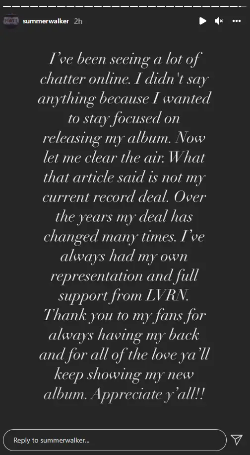 Summer Walker respondsÂ to the backlash on her Instagram story. 